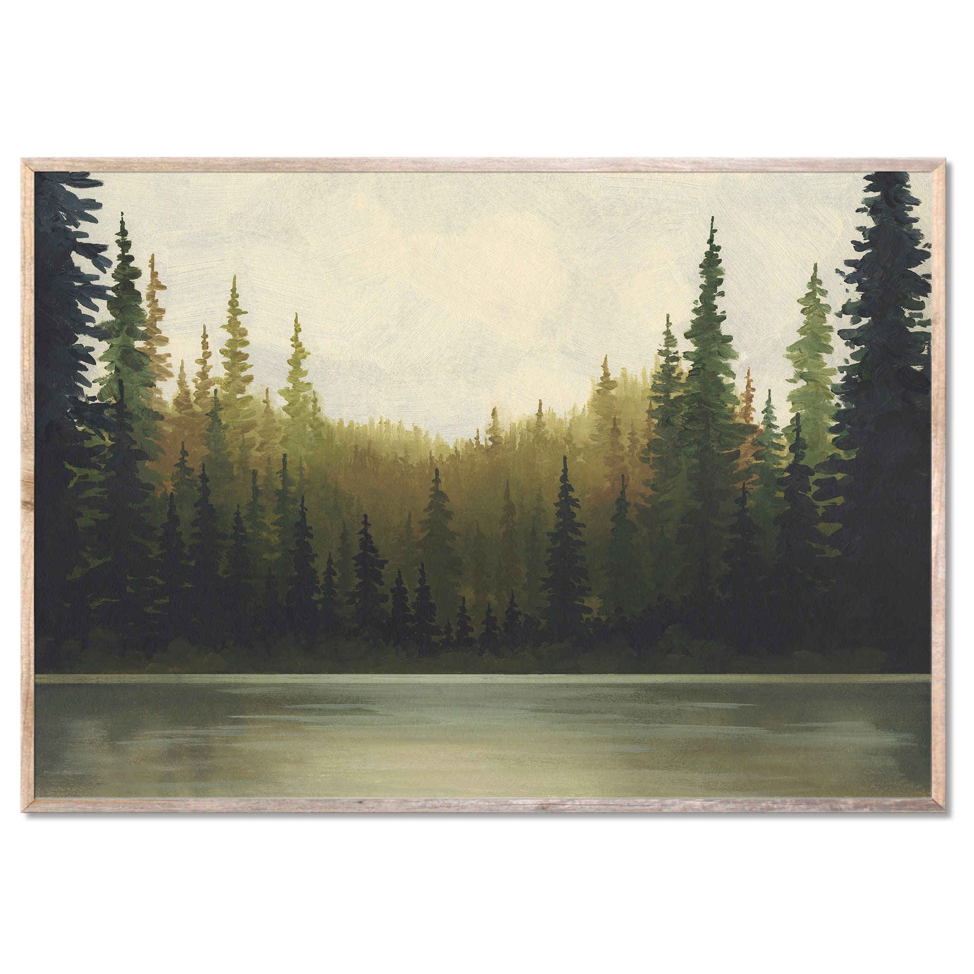 Evergreen Forest Art Print Forest Lake Oil Painting Sunrise Lake Wall ...