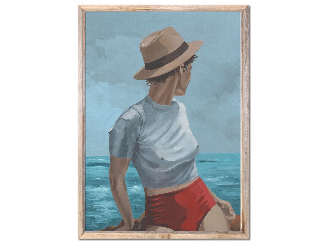 Beach Girl Art Print Woman Wish Hat Oil Painting Face Lass Portrait