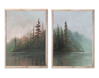 Tahoe Lake Set Of 2 Prints Forest Lake Oil Painting Pine Trees Art Print Evergreen Trees Wall Art Sage Green and Brown Art by ForestArtPrint