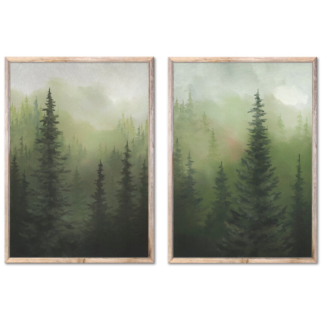 Dark Forest Set of 2 Prints Foggy Forest Oil Painting Christmas Trees ...