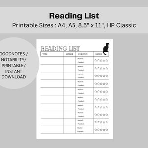 Registro de lectura imprimible / Seguimiento del registro de lectura / Lista de lectura imprimible / Libros para leer / Registro de libros / A4 / A5 / HP Classic / Carta