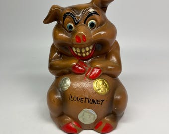 Alcancía vintage de cerdo codicioso - AMO EL DINERO - Sonrisa malvada