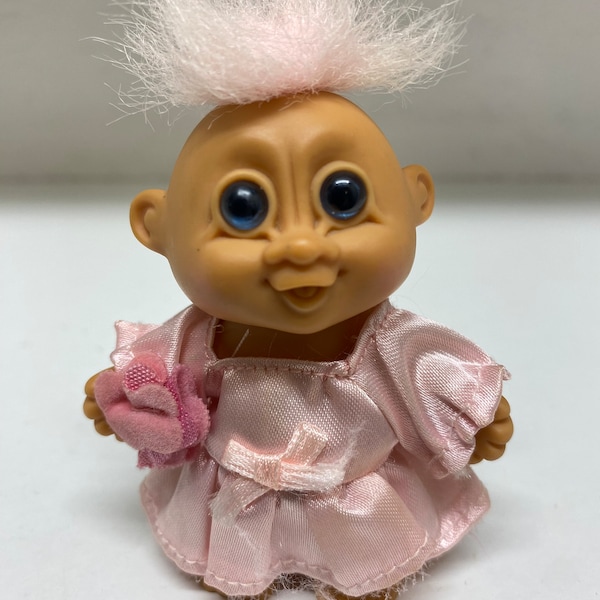 Vintage Russ Miniature Baby Troll Doll - Pink Dress and Blue Eyes