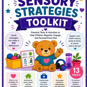 Può includere: Un PDF stampabile intitolato Sensory Strategies Toolkit che mostra un orsacchiotto marrone con una maglietta blu e un cuore rosa. L'immagine include un contenitore giallo di palline sensoriali, una tabella, cuffie, un timer liquido viola e una pianta.