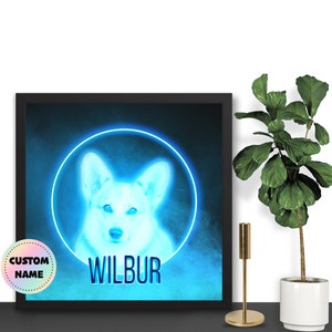 Custom Pet Portrait from Photo Blue Hologram Paintings on Canvas Original Art Poster Print Framed Digital Portrait Personalized Dog Gifts