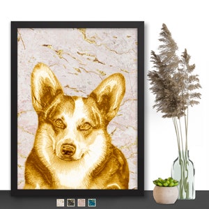 Op de afbeelding: Een gouden illustratie van een corgi-hond op een roze en witte marmeren achtergrond. De afbeelding is ingelijst in een zwart frame.