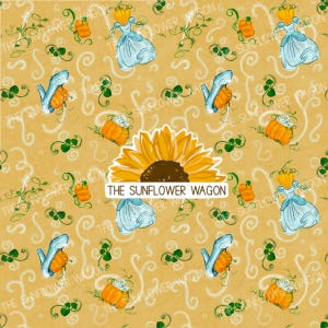 May include: A seamless pattern featuring a sunflower, a pumpkin carriage, a glass slipper, and the text "The Sunflower Wagon". The background is a light brown with a subtle sparkle effect.