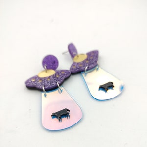 Unique UFO Cow earrings/boho/Asian inspired/feminist earrings/art/unique earrings/ metallic/ cows/ aliens/kitche
