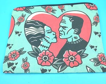 Retro Frankenstein & Bride Zipper Pouch – Blue Horror Movie Makeup Bag, Spooky Eclectic Coin Purse, Monster Gift