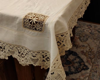 Vintage Greek Reticella Lace Hand Embroidered LINEN Tablecloth