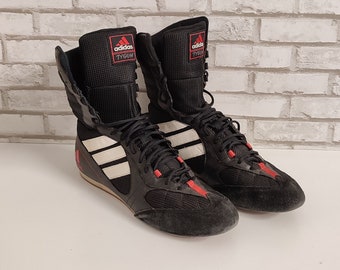 vintage adidas Tygun US12 , UK 11 1/2 boots Black White Red kicks / Lightweight Boxing Wrestling Combats MMA shoes 90s