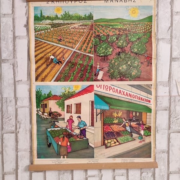 Gardener - Greengrocer Poster Pull Down School Chart, Educational Chart Vintage School Map lithography