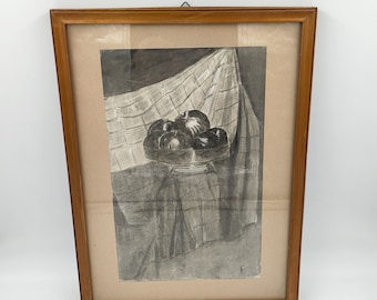 Vintage Still Life Charcoal Drawing on Paper, Fruit Basket Drawing, Authentic Signed Drawing, Wall Decor Frame, Collectible Home Decor