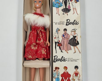 Vintage Authentic Blonde Swirl Ponytail Barbie with Box and Base, #7 Swirl Ponytail Barbie White Lips, Japan Import, Ideal Tammy Fur Dress