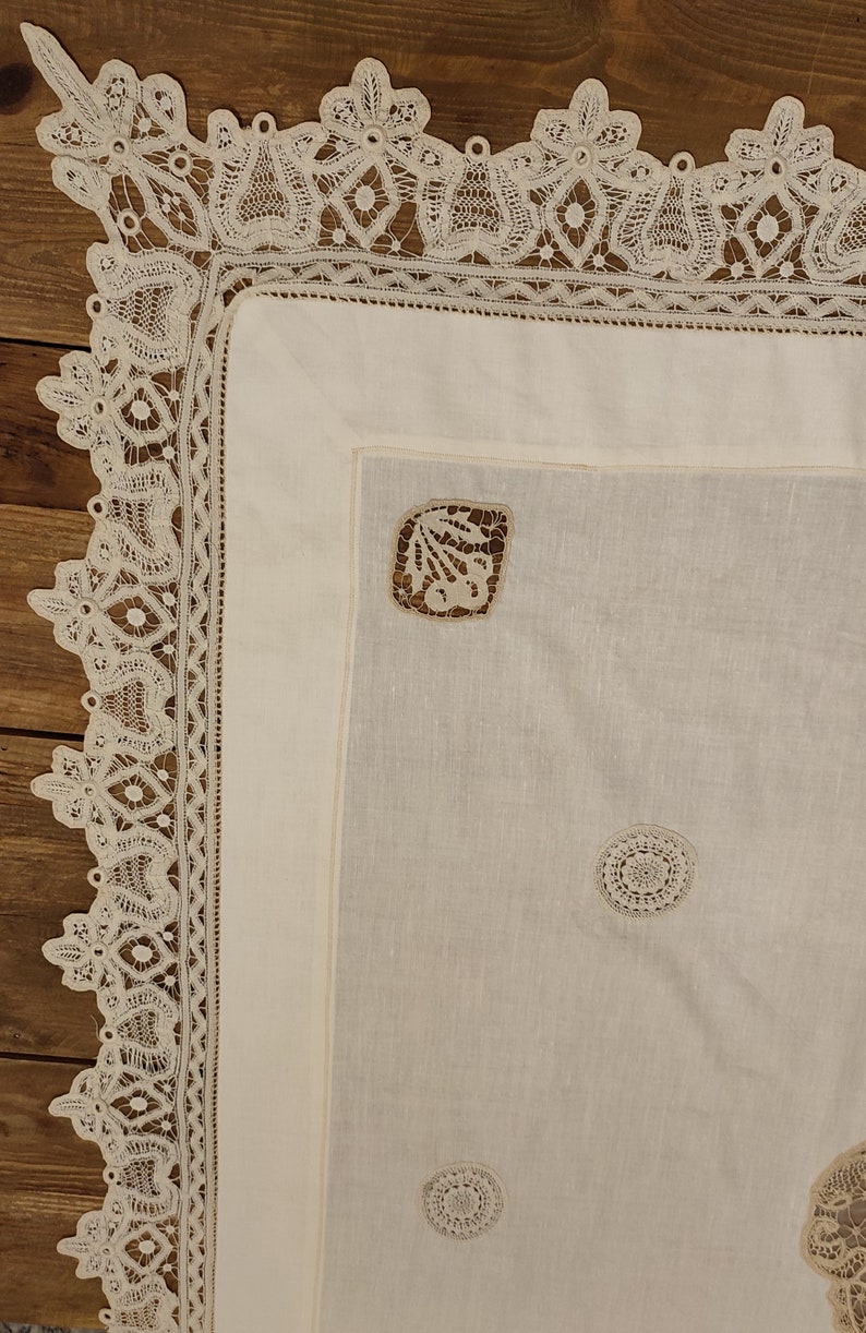 Vintage Greek Reticella Lace Hand Embroidered LINEN Tablecloth zdjęcie 4