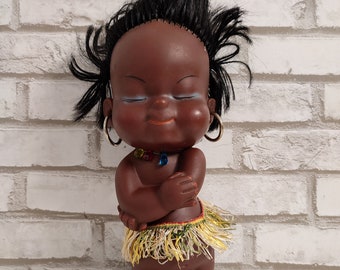 Bambola hawaiana, bambola d'arte, bambola da collezione, bambola Hula Girl, bambola afroamericana, bambola di gomma, indigena vintage degli anni '70, bambola polinesiana,
