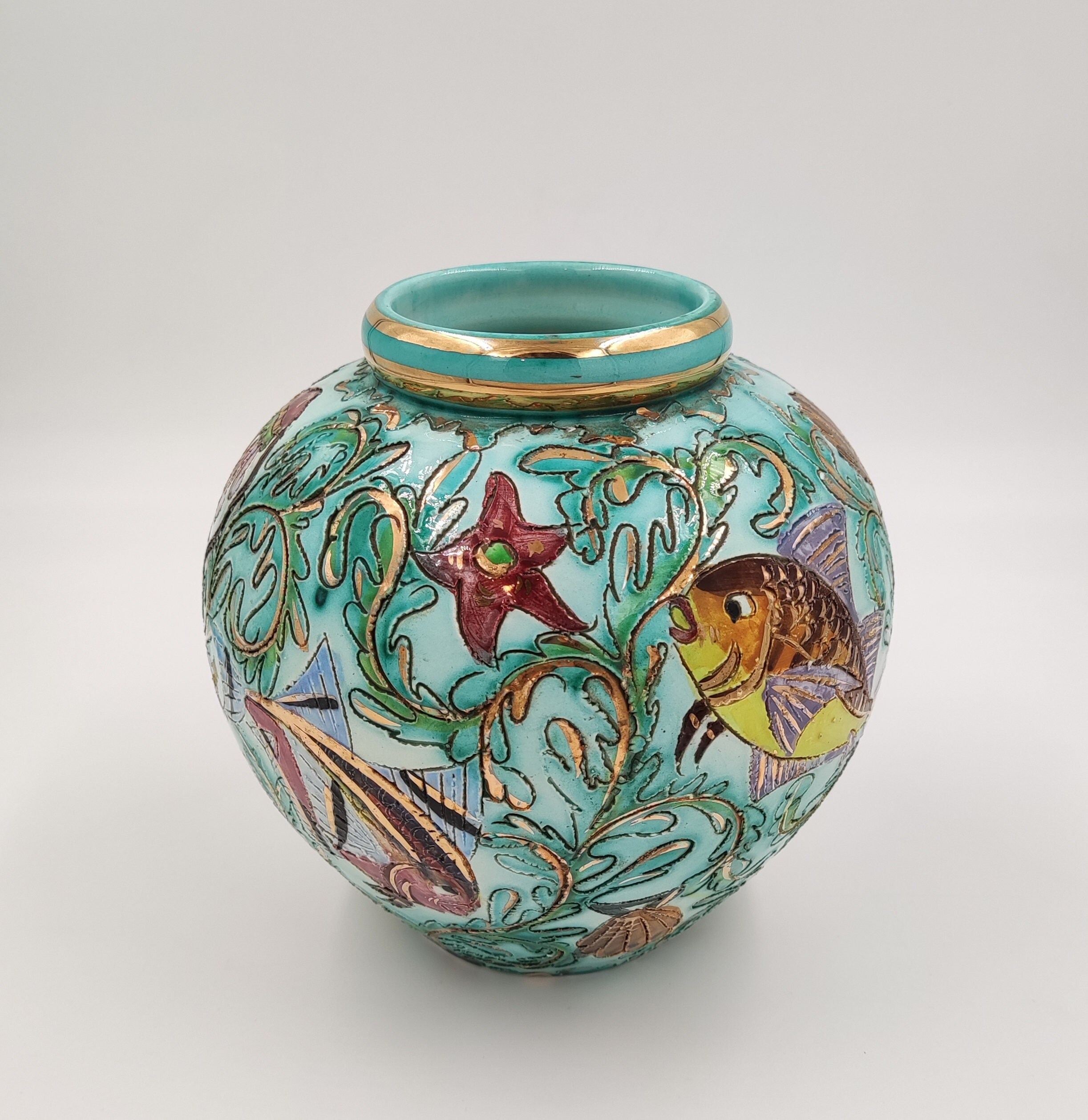 ヴィンテージ セラート モナコ フランス陶器 花瓶 魚 水生