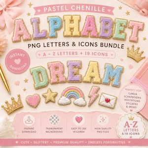 May include: A digital bundle featuring pastel chenille-style letters and icons. The word "ALPHABET" is displayed in large, colourful letters, with "DREAM" below. Icons include a heart, star, rainbow, and lightning bolt. The text also mentions PNG letters and icons.