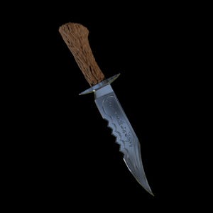 May include: A silver-colored metal knife featuring a serrated edge, a curved blade with engraved script, and a textured brown handle that resembles tree bark. The knife has a metallic crossguard separating the blade from the handle.