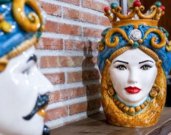 Sicilian Heads Vase - Moorish Head, Made in Italy  Caltagirone Moorish Heads - Handcrafted Sicilian Ceramic Sculpture 14 inch