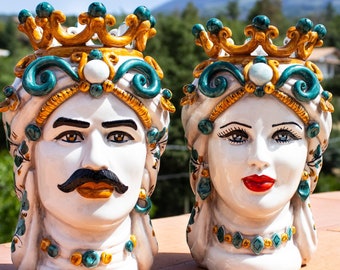 Authentic 25cm Sicilian Heads Vase - Moorish Head, Handcrafted and hand Painted in Traditional Caltagirone Style, Made in Italy  Sicily Art