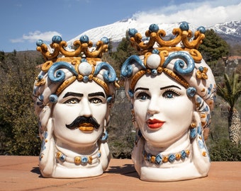 Sicilian Heads Vase - Moorish Head, Made in Italy  Caltagirone Moorish Heads - Handcrafted Sicilian Ceramic Sculpture h25 cm