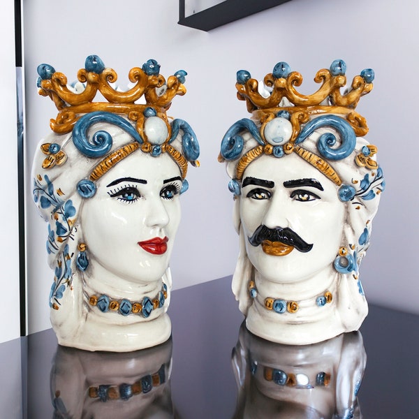 CUORELAVICO - TESTE di MORO siciliane dipinte a mano H 25 cm Di  Caltagirone decori Azzurri Made in Italy  - Fatta a mano Sicilian head vase