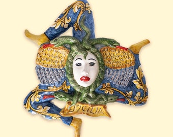 Sicilian Trinacria - Art Object - Lava Stone Heart - Caltagirone - Artistic Ceramics - Wall Decoration - Hand-Painted - Italy - Sicily