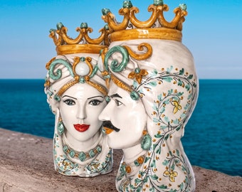 Sicilian Heads Vase - Moorish Head, Made in Italy  Caltagirone Moorish Heads - Handcrafted Sicilian Ceramic Sculpture 17 inch
