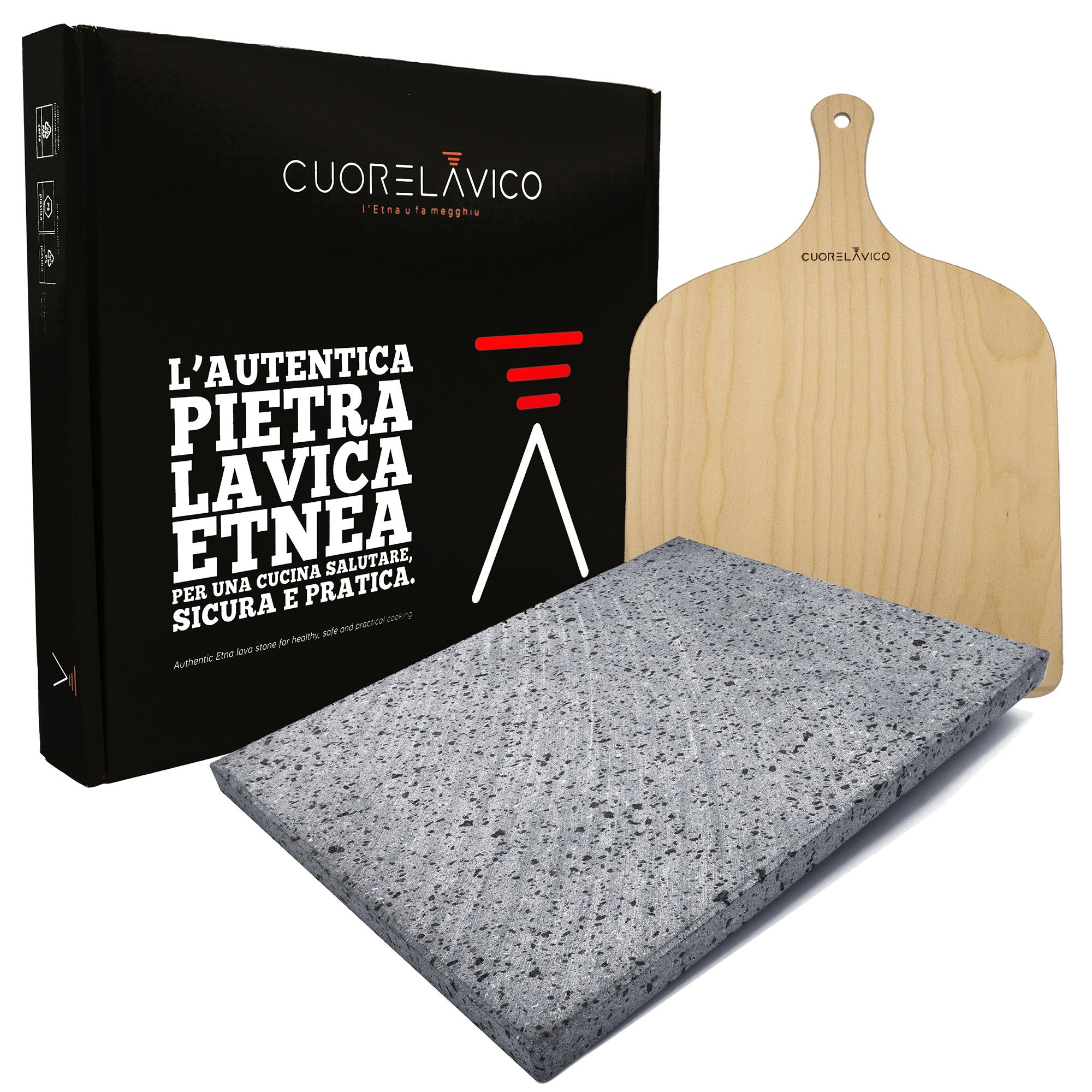 Eppicotispai Pizza Set - Lava Stone Baking Stone & Wooden Pizza Peel, Made In Italy