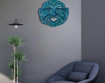 Mascaruna Blue – Clay and Lava Stone Sculpture | Handmade Greek Mask for Wall Decoration – Sicilian Art, Mythology & Timeless Design