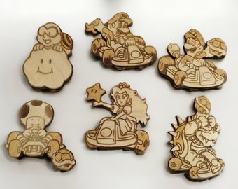 Ensemble d’aimants à épingles en bois Mario Kart - Broche/Aimant exclusif - Cadeau de pendaison de crémaillère - Aimant de réfrigérateur - Accessoires de cuisine - Décoration intérieure