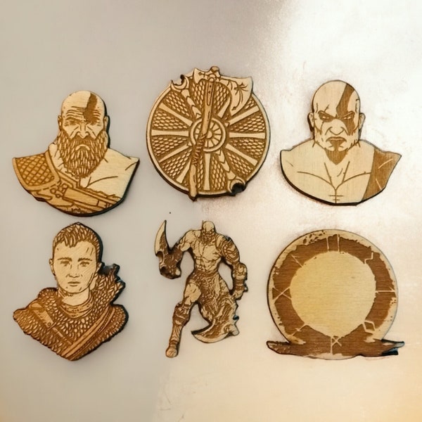 Set of God of War -  Wooden Pin Magnets - Exclusive Brooch/Magnet - Housewarming Gift - Fridge Magnet - Kitchen Accessories - Home Decor