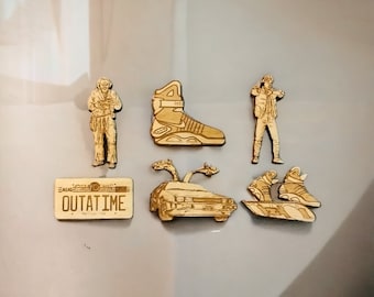 Set of Back to the Future - Wooden Pin Magnets - Exclusive Brooch/Magnet - Housewarming Gift - Fridge Magnet - Kitchen Accessories - Decor