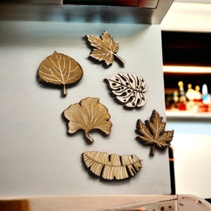 Set of Nature leaves Wooden Pin Magnets Exclusive Brooch/Magnet Housewarming Gift Fridge Magnet Kitchen Accessories Home Decor image 2