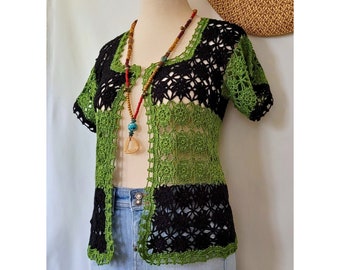 Handmade Knitted Green/Black Color Short sleeved  Vest, Bohemian Cardigan, Crochet Outfit for Women, Gift Your Mother
