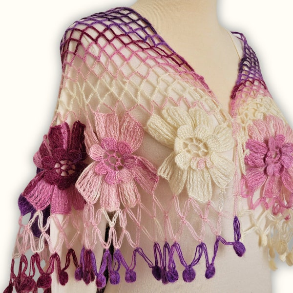 Handmade Floral Mesh Shawl, Crochet Triangle Scarf, Handknit Romantic Shoulder Wrap, Graceful Puple and Cream Color Capelet, Gift for Her