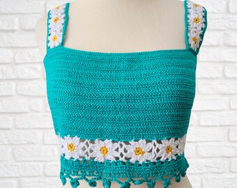 Handmade Green/Yellow Crochet Summer Festival Crop Top