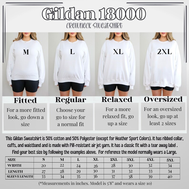 Gildan 18000 crewneck sweatshirt size chart