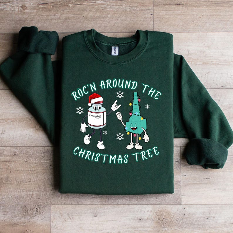 Medical Christmas Sweater Funny Anesthesiologist Design Holiday Wear Healthcare Professional Gift Hospital Staff Present Rocuronium Vial Graphic Christmas Tree Pun Humorous Medical Themed Apparel Nurse Doctor CRNA Gift Secret Santa Idea
