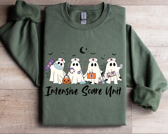 Felpa di Halloween con infermiera fantasma della terapia intensiva, maglietta di Halloween per infermiera, maglietta da infermiera spettrale, regalo per infermiera di Halloween, maglietta da infermiera Boo Crew, stagione spettrale