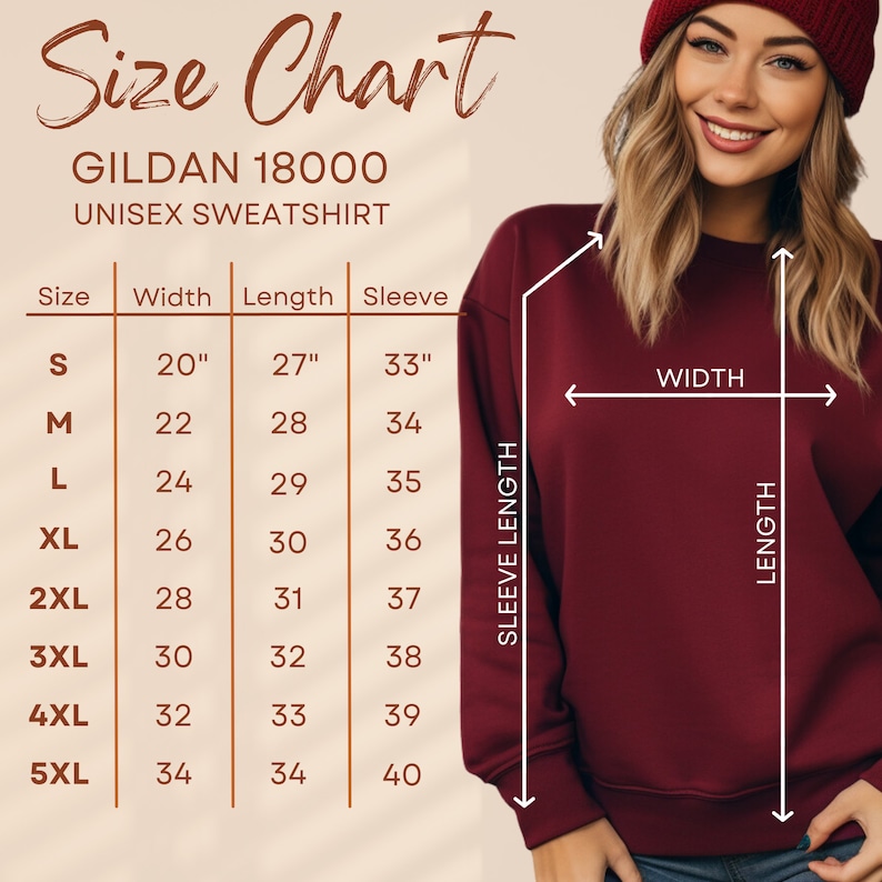 Gildan 18000 crewneck sweatshirt size chart