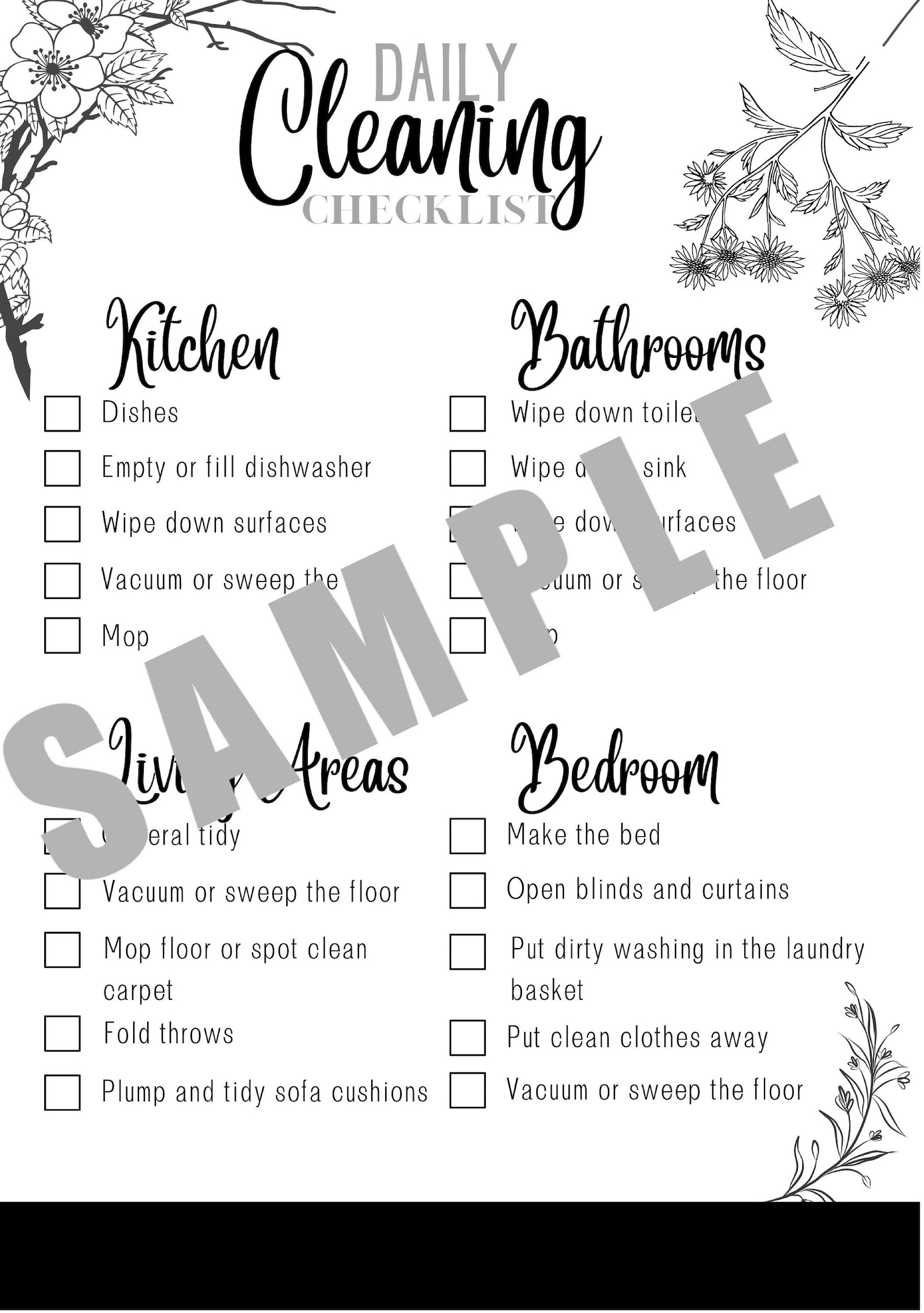 daily-cleaning-checklist-print-black-floral-etsy