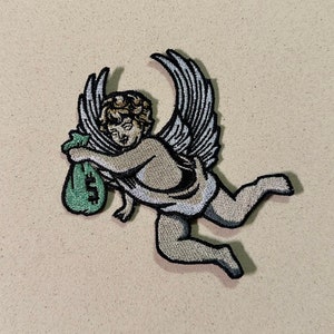 Toppa per stirare un angelo volante con un sacchetto di soldi / toppe divertenti, toppe con angeli volanti, toppe per sacchetti di soldi, toppe con angeli per qualsiasi cosa