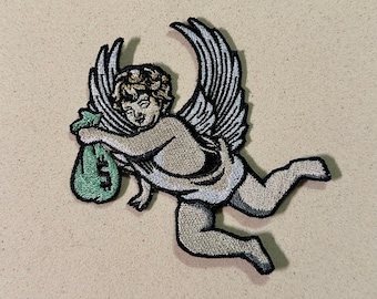 Patch for ironing flying angel holding money bag | Fun patches, flying angel patches, money bag patches, angel patches for anything