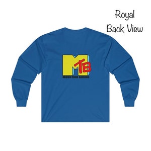 May include: Royal blue long-sleeve t-shirt with a yellow and red "MTB" logo and the text "Mountain Biking" underneath.