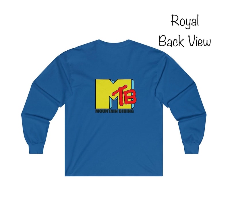 May include: Royal blue long-sleeve t-shirt with a yellow and red "MTB" logo and the text "Mountain Biking" underneath.