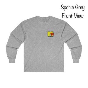May include: A long-sleeved t-shirt in sports grey with a yellow and red MTV logo on the front.