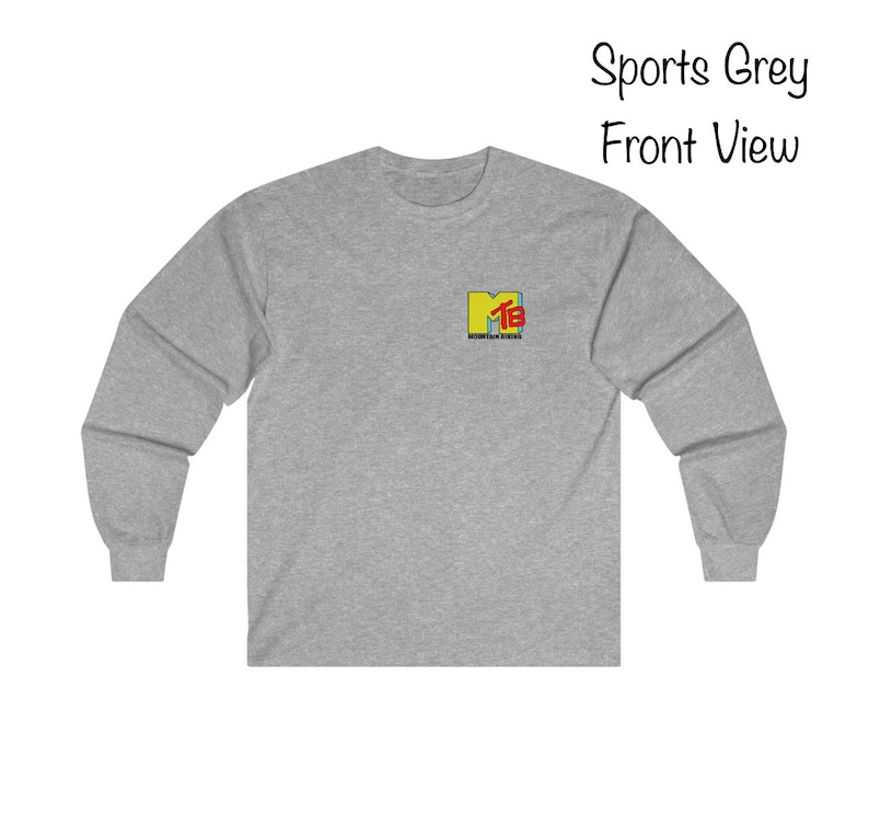 May include: A long-sleeved t-shirt in sports grey with a yellow and red MTV logo on the front.