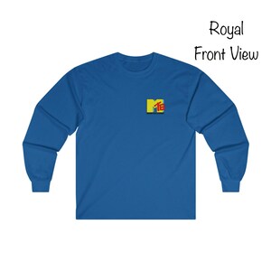 May include: Royal blue long-sleeve t-shirt with a yellow and red MTV logo on the front.